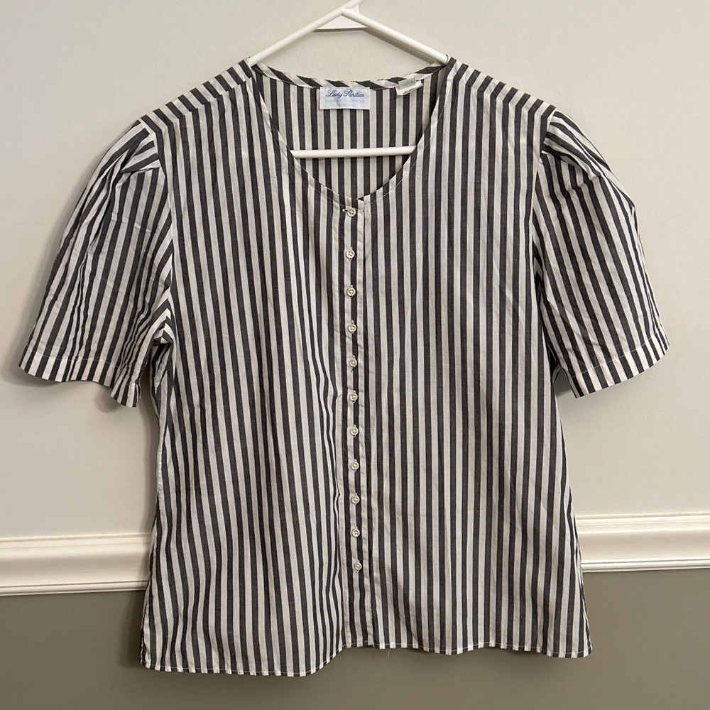 Lady Puritan Vintage Grey White Striped Button Down Blouse Top Size 12